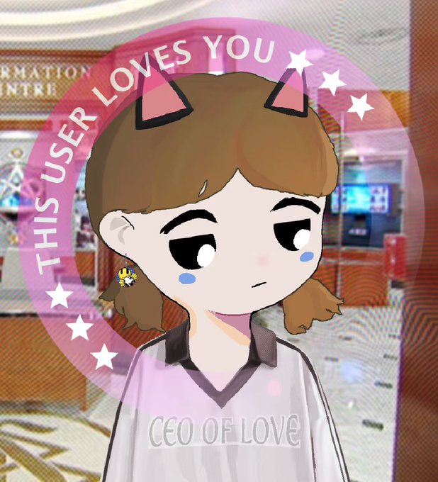 An anime-style girl avatar with cat ears and pigtails wearing a pink "CEO OF LOVE" jersey, with text overlay reading "THIS USER LOVES YOU."