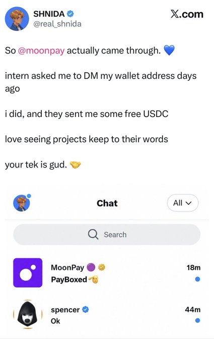 A tweet from @real_shnida shows that MoonPay followed through on a promise after an intern requested their wallet address via DM, resulting in a free USDC tip. The caption "when you think you've seen it all, CT never ceases to amaze me" highlights how crypto Twitter projects like MoonPay actually reward community engagement and follow through on informal offers.