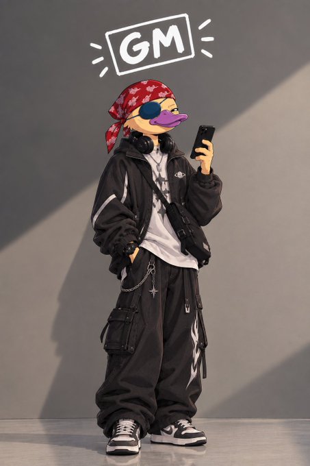 A person in streetwear featuring a red bandana, black jacket, cargo pants, and a duck mask holds a phone, with a 'GM' graphic above.
