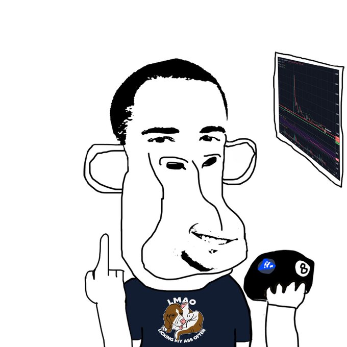 A cartoonish "monke" figure wearing a "LMAO I'M FUCKING MY ASS OFFER" shirt gives the middle finger while holding a Ledger wallet, with a chart showing a massive spike in the background.

The image humorously illustrates the post's "Gm" warning by combining crypto trading elements (the chart spike and hardware wallet) with vulgar monkey imagery, signaling a provocative bullish callout to the mentioned user.