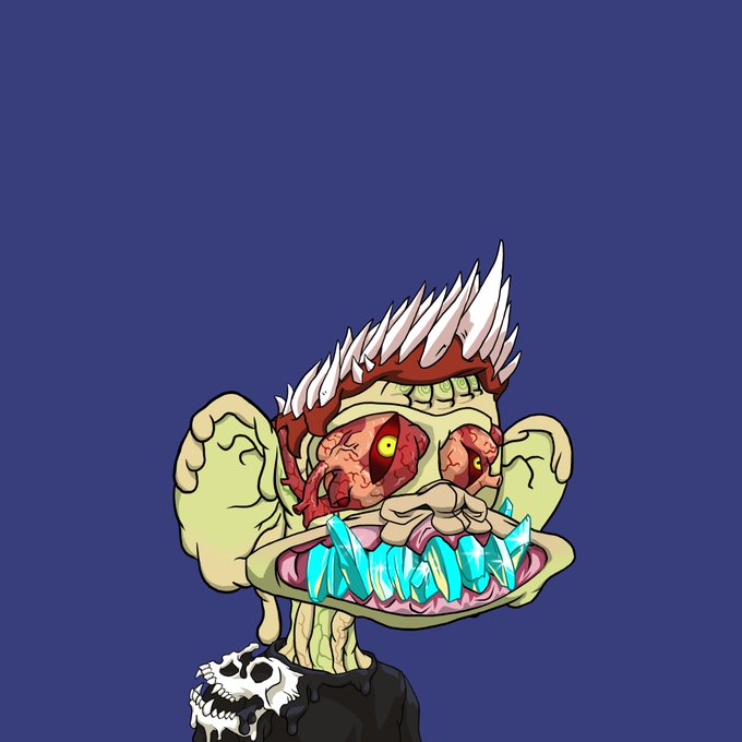 A digital illustration of a grotesque, monstrous face with bulging brains, sharp teeth, blue crystal-like protrusions in its mouth, and spiky hair on a dark blue background.