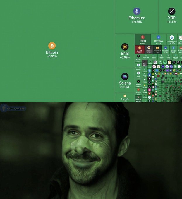 A meme contrasting the top panel showing various cryptocurrencies (Bitcoin +6.53%, Ethereum +10.65%, XRP +11.11%, BNB +3.69%, Solana +11.26%, etc.) all in the green with gains, with the bottom panel showing the "Sad Pablo Escobar" meme, humorously suggesting that even drug lords are unimpressed by the crypto market's current performance despite the widespread gains.