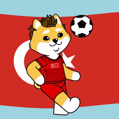 ın the center of a red and white striped background, a cartoon dog in a red shirt with "C" and "R" stands on hind legs, kicking up a cloud of dust as it plays soccer with a black and white ball.