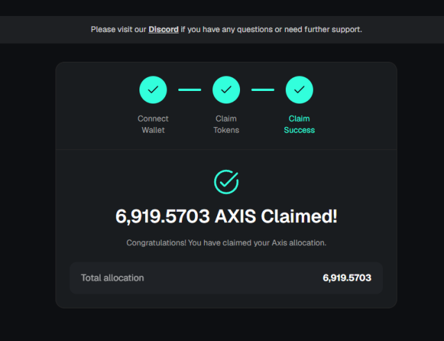 A KaitoAI claim-success screen shows the wallet connected, tokens claimed, and “6,919.5703 AXIS Claimed!” with a total allocation of 6,919.5703 AXIS. This confirms the post’s claim of eligibility for 6,919 $AXIS tied to KaitoAI and Axis Robotics.