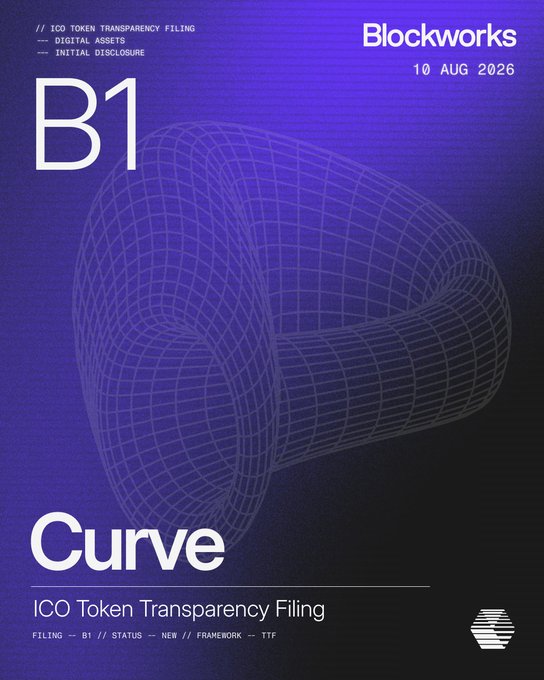 The image is a Blockworks document cover dated "10 AUG 2026" titled "Curve ICO Token Transparency Filing" (B1), featuring a 3D wireframe torus design in purple/blue tones with metadata noting "DIGITAL ASSETS" and "INITIAL DISCLOSURE." It ties to the post's joke by showcasing Curve's TTF (Token Transparency Framework) filing as a concrete example of the transparency standards being referenced.