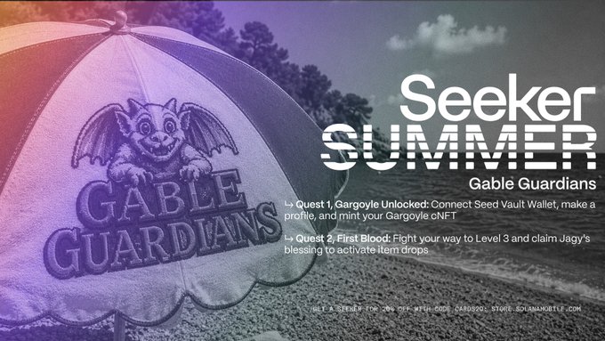The image is a promotional graphic for "Seeker Summer" by Gable Guardians, featuring a purple-tinted design with a bat-like creature on an umbrella and listing the final R2 quests: "Quest 1, Gargoyle Unlocked: Connect Seed Vault Wallet, make a profile, and mint your Gargoyle cNFT" and "Quest 2, First Blood: Fight your way to Level 3 and claim Jagy's blessing to activate item drops."