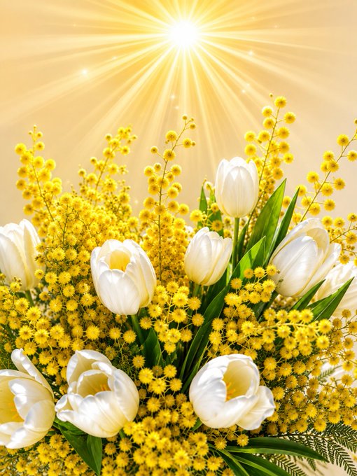 A bright, sunlit arrangement of white tulips and yellow mimosa flowers glowing under a radiant sunburst against a soft golden background.
