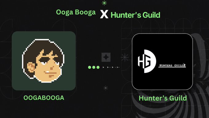 A digital graphic showing 'Ooga Booga x Hunter's Guild' collaboration with pixel art character 'OOGABOOGA' and 'HG Hunter's Guild' emblem.