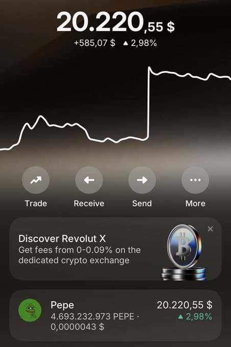 A cryptocurrency app screen showing a portfolio balance of 20,220.55 $ with a +2.98% gain, featuring a chart, trade/receive/send buttons, a 'Discover Revolut X' advertisement, and a listing for Pepe (PEPE) at 0.0000043 $.