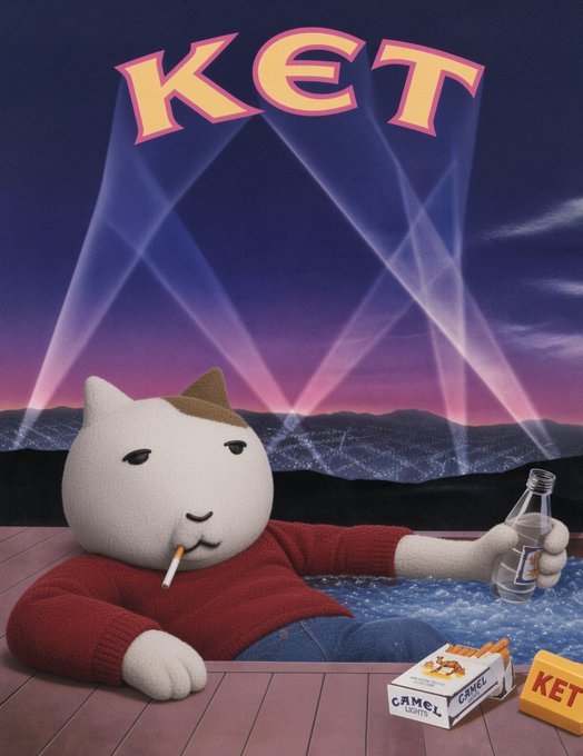A white cat plushie wearing a red sweater and a brown hat sits by a pool, smoking a cigarette and holding a bottle, with the word 'KET' displayed prominently above in stylized lettering.