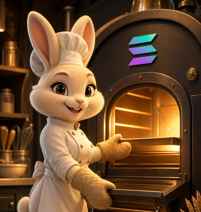 An adorable cartoon rabbit chef wearing oven mitts stands at an open oven, with Solana's (SOL) logo displayed on the oven — symbolizing $SOL tokens "cooking" or being prepared for launch.