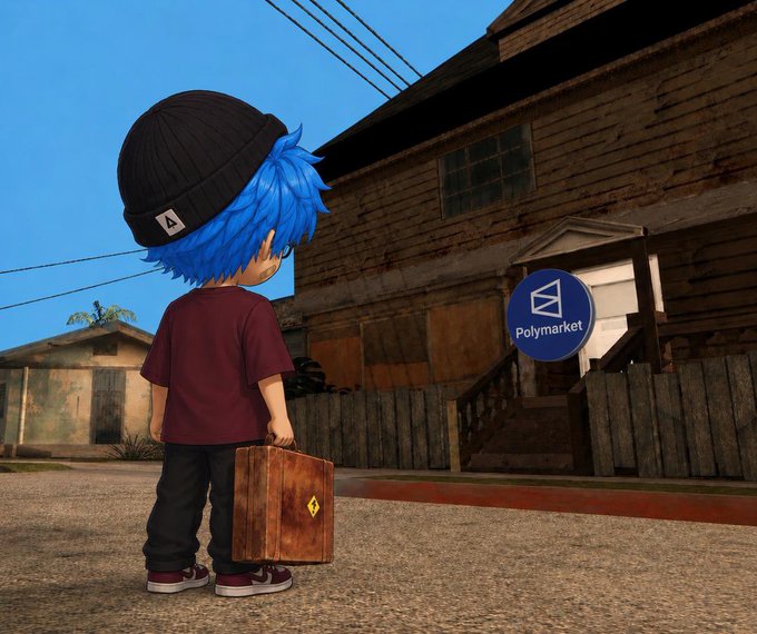 A blue-haired chibi character wearing a beanie marked "A" and holding a suitcase stands facing a weathered house with a glowing "Polymarket" logo floating in front of it, visually setting the stage for the prediction market trading season ahead.