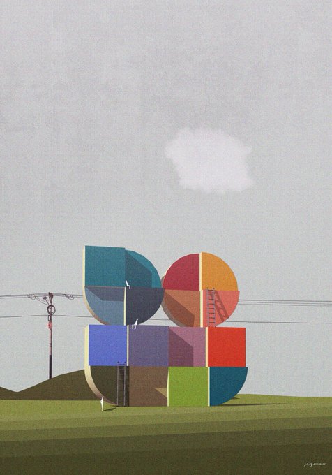 A colorful geometric artwork showing an arrangement of circles and squares in various colors (blue, red, orange, purple, green) sitting on a green surface against a pale sky with a small cloud.