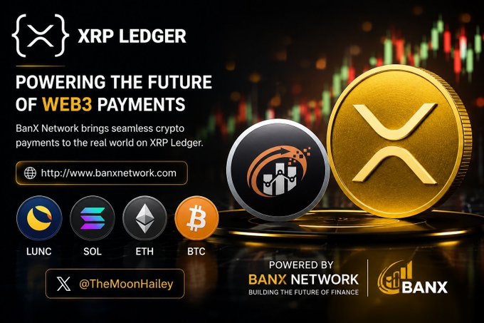 A promotional graphic for BanX Network highlights their role in powering the future of Web3 payments through the XRP Ledger, featuring logos for LUNC, SOL, ETH, and BTC alongside a large golden XRP coin, with the tagline "Building the Future of Finance." The image visually reinforces the post's bold price predictions for Bitcoin ($150K), Ethereum ($5K), Solana ($500), Luna Classic ($1), and XRP ($22) by showcasing these major cryptocurrencies as part of BanX Network's ecosystem.