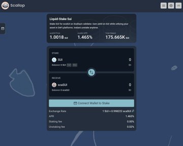 A screenshot of the Scallop platform showing a 'Liquid-Stake Sol' section with values of 1.0018 sSOL, 1.465% APR, and 175.665K sSOL, featuring exchange options between sSOL and scallSOL.