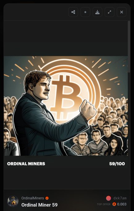 An NFT listing for 'Ordinal Miner 59' from the OrdinalMiners collection (59/100), featuring an illustration of a man in a suit cheering in front of a Bitcoin symbol and crowd.