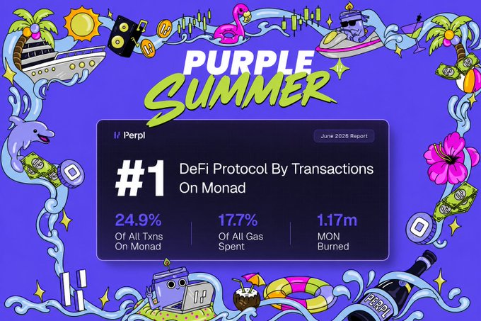 The image is a "Purple Summer" themed infographic banner from Perpl's June 2025 Report, decorated with playful summer imagery like flamingo floaties, palm trees, a cruise ship, and hibiscus flowers surrounding a central panel that highlights Perpl as the #1 DeFi Protocol by Transactions on Monad, accounting for 24.9% of all transactions, 17.7% of all gas spent, and 1.17m MON burned. The vibrant, summery design reinforces the celebratory tone of the announcement that Perpl has become the dominant DeFi protocol on the Monad blockchain.