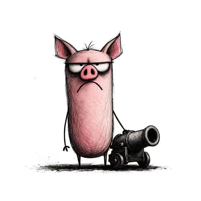 A hand-drawn cartoon shows a grumpy pink pig standing next to a small black cannon, with an annoyed expression and narrowed eyes.