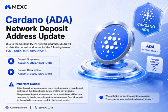 A MEXC exchange announcement titled 'Cardano (ADA) Network Deposit Address Update,' notifying users of deposit suspension on August 1, 2026, and resumption on August 3, 2026, for tokens FLDT, SNEK, MIN, ADA, and NIGHT.