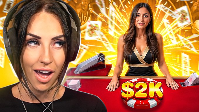 A thumbnail-style image featuring a woman with headphones on the left and a casino dealer standing behind a table with chips and money on the right, overlaid with large '$2K' text.