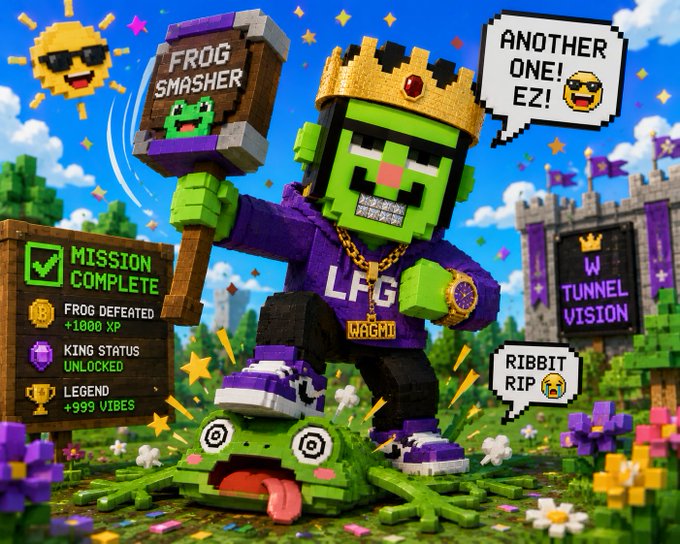 A pixel art illustration of a green-skinned zombie king wearing a purple 'LFG' jersey and gold crown, holding a 'FROG SMASHER' hammer over a defeated frog, with speech bubbles saying 'ANOTHER ONE! EZ!' and 'RIBBIT RIP', alongside a 'MISSION COMPLETE' checklist and a 'TUNNEL VISION' castle in the background.