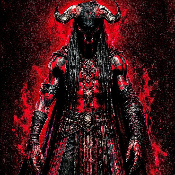 The image features a man with long hair, dressed as a devil or a demon, standing against a dark red background that looks like flames. The man appears to be wearing a robe and has horns, giving him an evil appearance. The caption of the image reads "GM! Pre-sale for The Covenant is LIVE. Mint here: transient.xyz/mint/the-covenant ... Public Sale begins in one hour at 11am EST." This suggests that there might be a limited edition release or a special event related to The Covenant, and the man's appearance could be part of an art project or promotional material for this event.