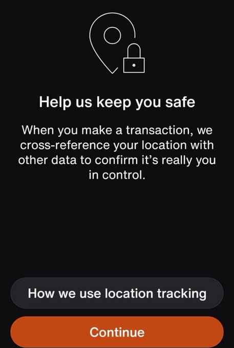 A dark security screen with a location pin and lock icon displays the message 'Help us keep you safe' explaining that location data is used to verify transactions, offering options to learn more or continue.