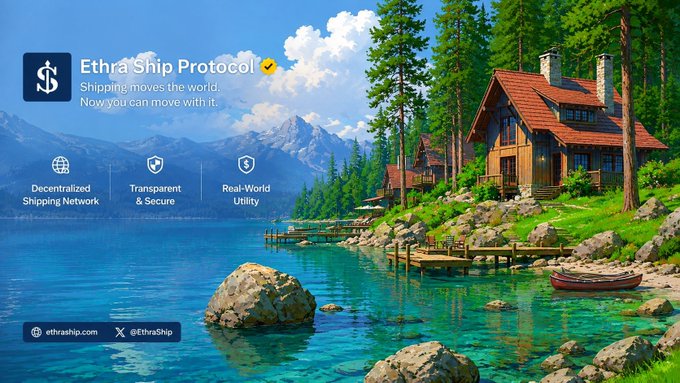 Promotional banner for Ethra Ship Protocol with a verified checkmark, tagline 'Shipping moves the world. Now you can move with it.', highlighting Decentralized Shipping Network, Transparent & Secure, and Real-World Utility against a scenic lake and cabin backdrop.