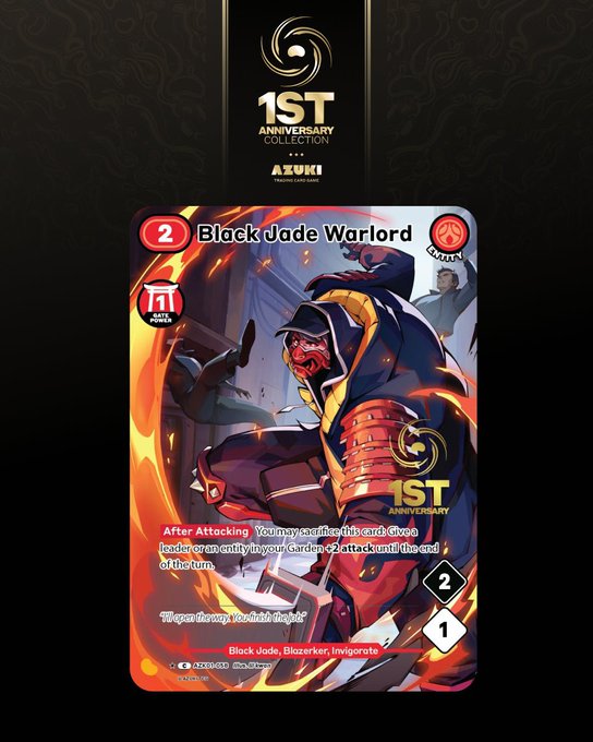 A trading card game image titled '1ST ANNIVERSARY COLLECTION AZUKI' featuring a card named 'Black Jade Warlord' with stats 2/2 and a red samurai character.