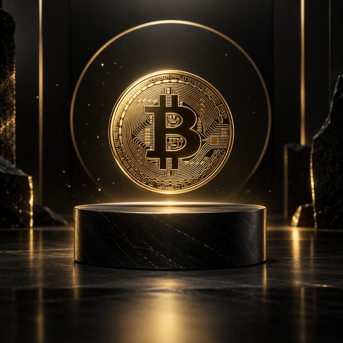 A gold Bitcoin coin floats above a dark marble pedestal in a dimly lit setting with golden light accents.