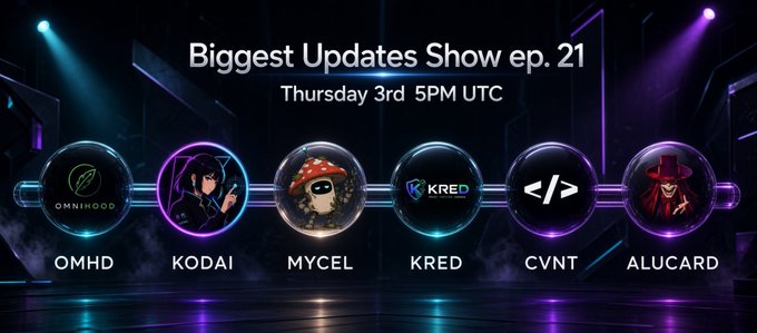 A promotional graphic for 'Biggest Updates Show ep. 21' scheduled for Thursday 3rd 5PM UTC, featuring logos for OMNHD, KODAI, MYCEL, KRED, CVNT, and ALUCARD.