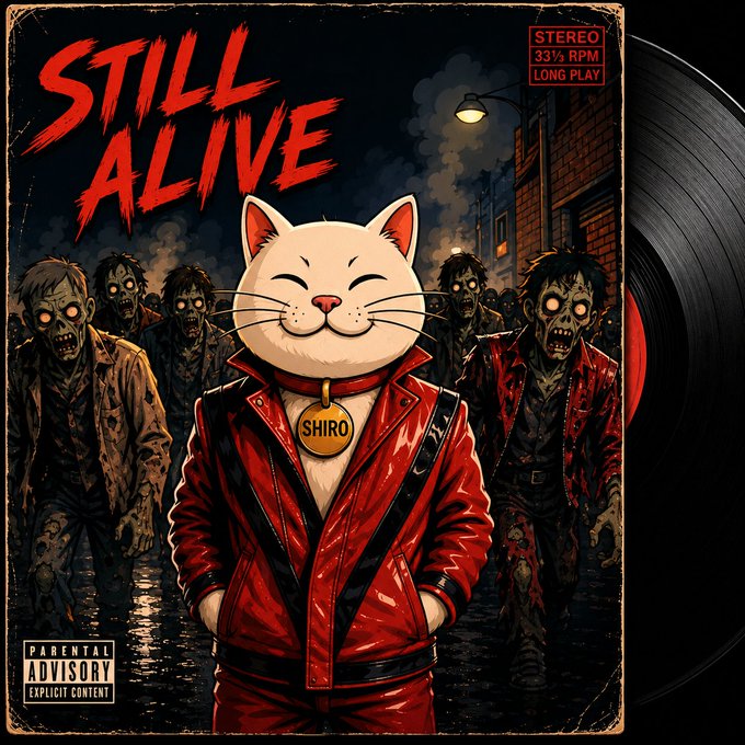 A vinyl record cover titled "STILL ALIVE" features an anime-style cat named "SHIRO" wearing a red leather jacket and a name tag, surrounded by zombies in a dark urban setting, with "STEREO 33⅓ RPM LONG PLAY" in the corner and a "PARENTAL ADVISORY EXPLICIT CONTENT" label. The image ties to the post by using the album's edgy aesthetic to hype $SHIRO as a "legend on repeat," framing the memecoin as an enduring, unkillable hit in the crypto scene.
