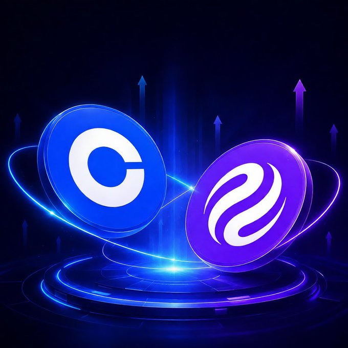 The image features two coins, one blue with a white "C" and the other purple with a white "S", placed on a platform surrounded by blue lights that create an illusion of floating or hovering. The coins appear to be floating in mid-air, giving the impression that they are in motion. The background is dark, which contrasts with the vibrant colors of the coins and makes them stand out even more. The image also includes text that reads "Big move for the @Injective ecosystem. Injective coming to @coinbase is the biggest update of the june. It's making Injective easier to access for more users around the world". This suggests that there might be a significant development or update related to the coins, possibly in the cryptocurrency space.