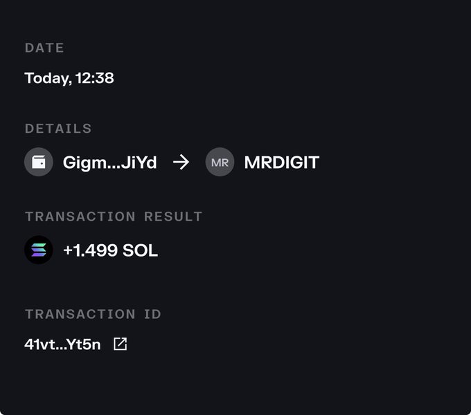 A transaction screenshot showing 1.499 SOL received from "Gigm...JiYd" to "MRDIGIT" today at 12:38, supporting the post about receiving a 1 SOL blessing.