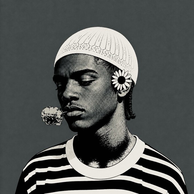 A black and white portrait of a young man wearing a white knit cap and striped shirt, with a daisy tucked behind his ear and a flower held in his mouth.