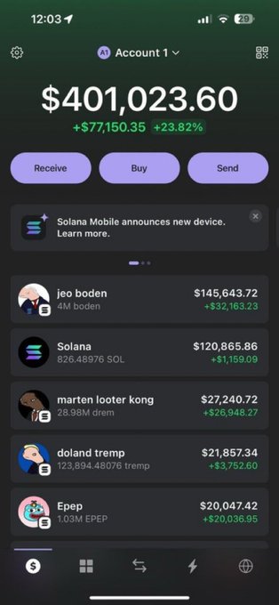 A screenshot of a crypto wallet app showing a $401,023.60 portfolio (+$77,150.35, +23.82%) with holdings including "jeo boden" ($145,643.72), "Solana" 826.48976 SOL ($120,865.86), "marten looter kong" 28.98M drem ($27,240.72), "doland tremp" ($21,857.34), and "Epep" ($20,047.42)—likely a meme or satirical example of the absurd and meme-driven nature of crypto trading from two years ago.