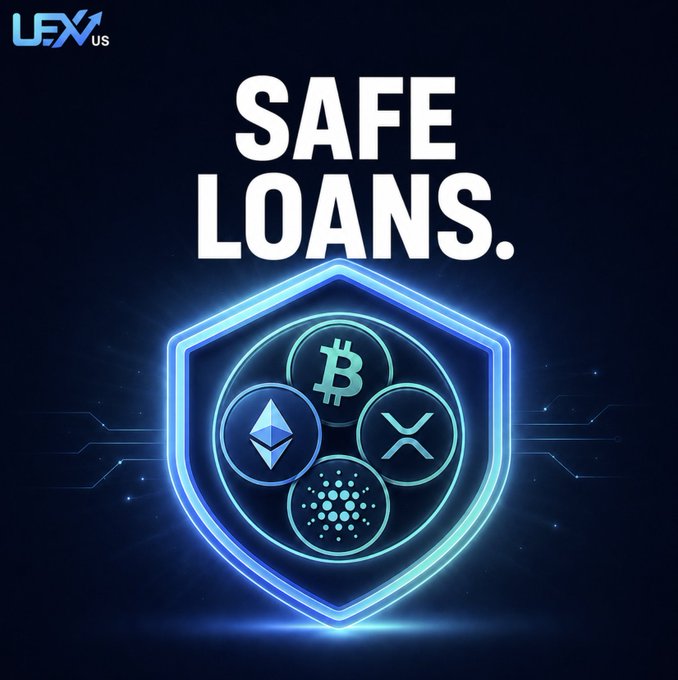 A promotional graphic for UEX.US advertising 'SAFE LOANS' against a dark blue background, featuring a glowing shield containing logos for Bitcoin, Ethereum, XRP, and Cardano.