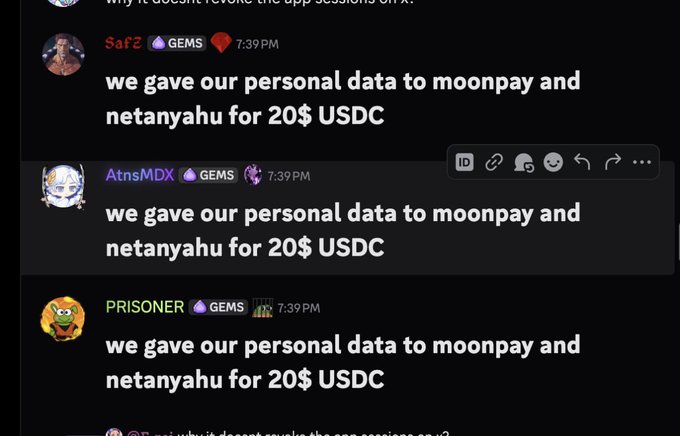 A Discord chat screenshot shows multiple users repeating "we gave our personal data to moonpay and netanyahu for 20$ USDC" in the #GEMS channel.