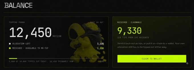 A dark-themed digital dashboard titled 'BALANCE' displaying a 'TIPPING POWER' of 12,450 MOTION and 'RECEIVED - CLAIMABLE' of 9,330 from 206 tips, with a green 'CLAIM TO WALLET' button.