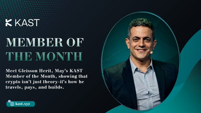 The image features a man wearing a suit and tie with a name tag that reads "@KAST xyz" and "Member of the Month". The background of the image is black, which contrasts with the white text displayed below him. Below his name tag, there's a description of him as an individual who has been named member of the month by @KAST in May. This person is described as a Brazilian entrepreneur, investor, frequent traveler, and seasoned builder who has spent more than two decades developing digital projects and the last five years working actively in crypto.