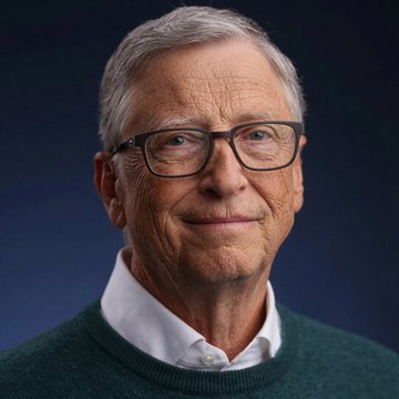 Bill Gates, wearing glasses and a green sweater over a white collared shirt, looks on against a dark blue background. The image relates to the post about CZ surpassing Bill Gates in net worth according to Forbes' real-time rankings.