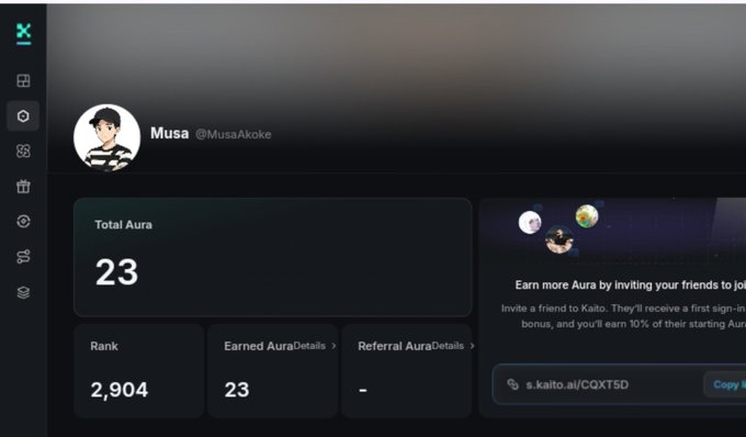 A profile dashboard for user 'Musa (@MusaAkoke)' on Kaito showing Total Aura of 23, Rank of 2,904, and a referral link 's.kaito.ai/CQXT5D' to earn more Aura by inviting friends.