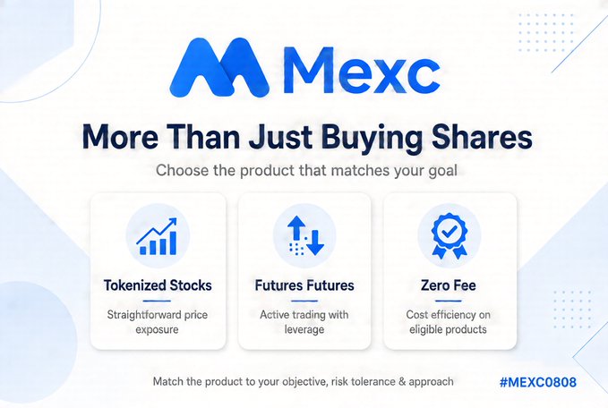 A MEXC promotional banner titled 'More Than Just Buying Shares' highlighting features for Tokenized Stocks, Futures Futures, and Zero Fee products.