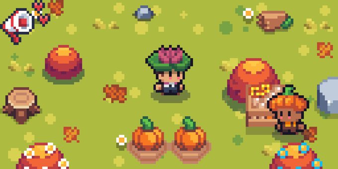 A pixel art top-down view of a farm scene featuring a character with a green hat surrounded by pumpkins, trees, flowers, rocks, and other characters in a harvest-themed setting.