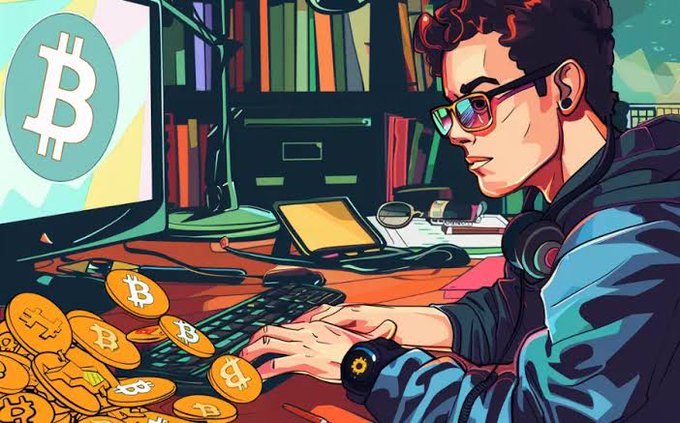 A young person with glasses and headphones types intensely at a keyboard in a cluttered workspace, surrounded by piles of gold Bitcoin coins with the "₿" logo displayed on a monitor. The image captures the focus and high-stakes energy of crypto trading, perfectly complementing the post's question about navigating a market dip—visually representing someone actively engaged at their screen as they weigh strategies like buying the dip or panic-selling.