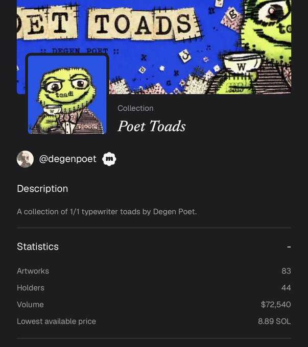 A digital marketplace page for an NFT collection called 'Poet Toads' by @degenpoet, displaying 83 artworks, 44 holders, and a volume of $72,540.