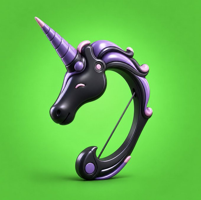 A stylized 3D rendering of a black and purple unicorn head formed into the shape of a bow and arrow, set against a bright green background—visually representing the "Unibow" brand name from the post. The image serves as a logo or mascot for the Unibow project mentioned, with no visible text beyond the conceptual branding.