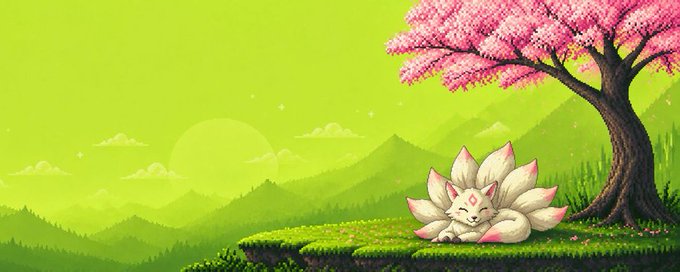 A pixel-art illustration of a serene green landscape with mountains, a sun, and a large sakura tree, accompanied by a cute white nine-tailed fox with pink-tipped tails and a red gem on its forehead resting on a grassy ledge.