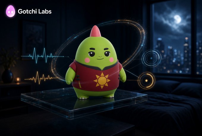 A 3D rendering of a green, egg-shaped character with a pink spike wearing a red tunic with a sun emblem, standing on a glass surface with a city skyline in the background. The 'Gotchi Labs' logo is in the top left.