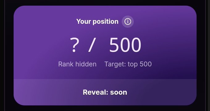 A purple interface showing a hidden rank with the text 'Your position', '? / 500', 'Rank hidden', 'Target: top 500', and 'Reveal: soon'.